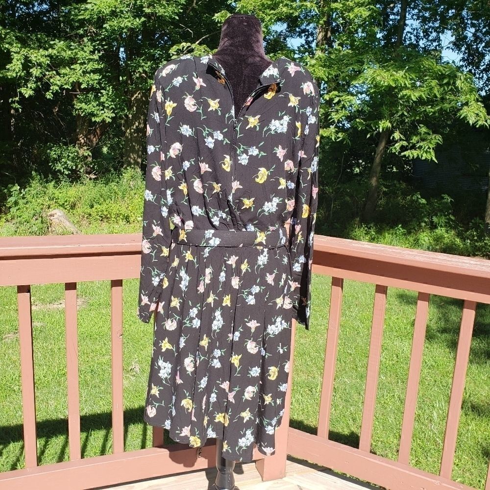 Vintage BEDFORD Fair 80's Black  Floral Ladies Long Sleeve Belted Dress,  sz 18